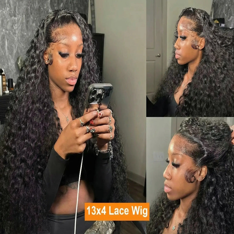 200% Density Brazilian Human Hair Lace Front Wig-Deep Kinky Curly Wave HD Lace Frontal Wig with Pre-Plucked Baby Hair