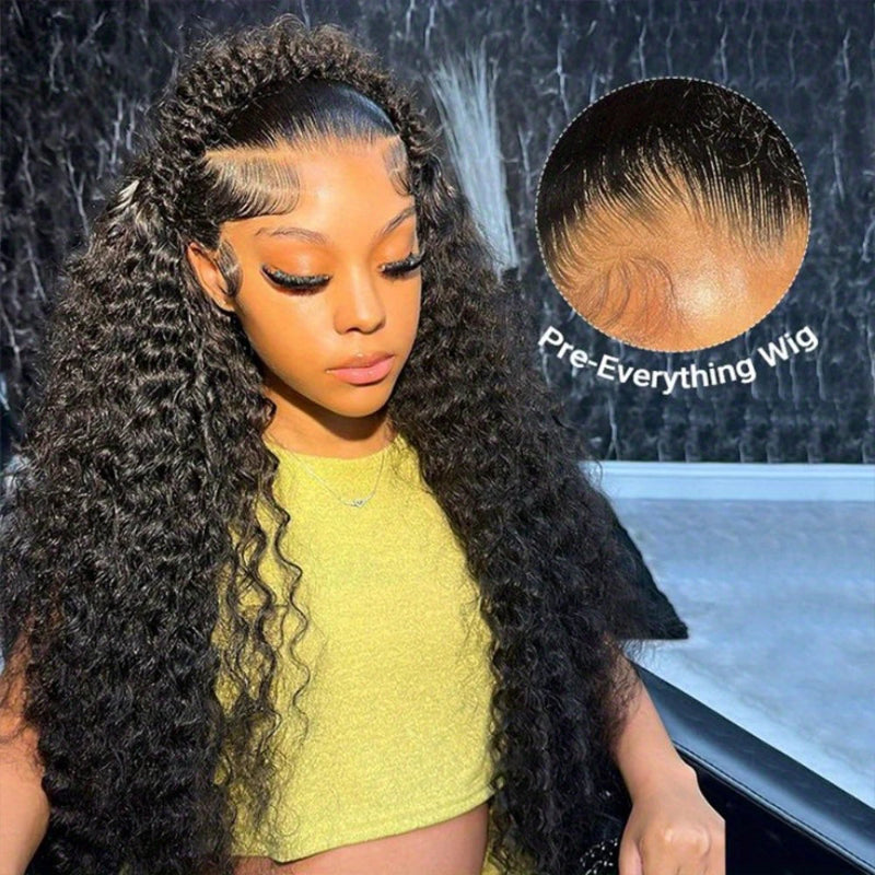 200% Density Brazilian Human Hair Lace Front Wig-Deep Kinky Curly Wave HD Lace Frontal Wig with Pre-Plucked Baby Hair